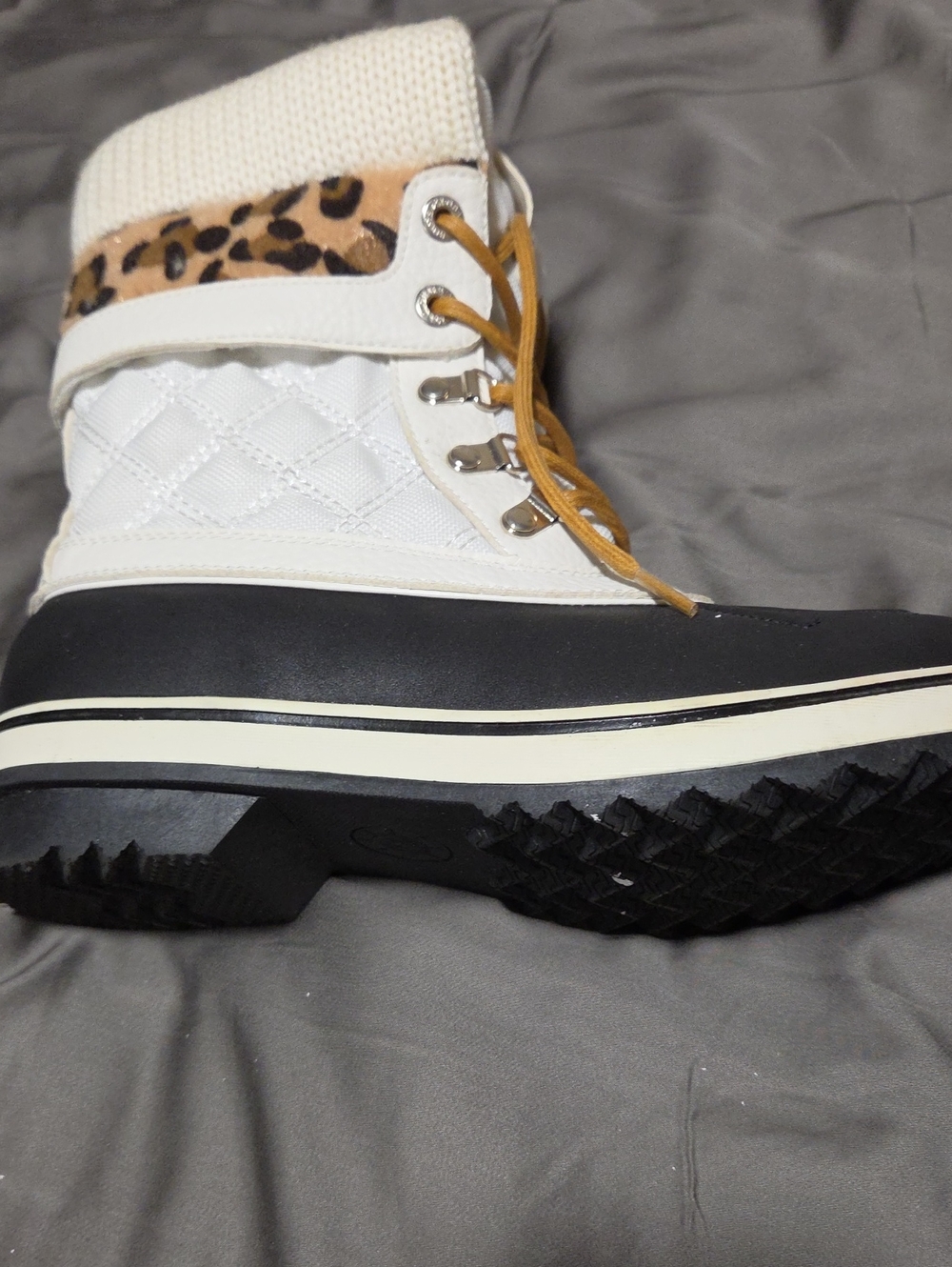 Global Win White Quilted Winter Boot with Leopard Trim and Tan Laces